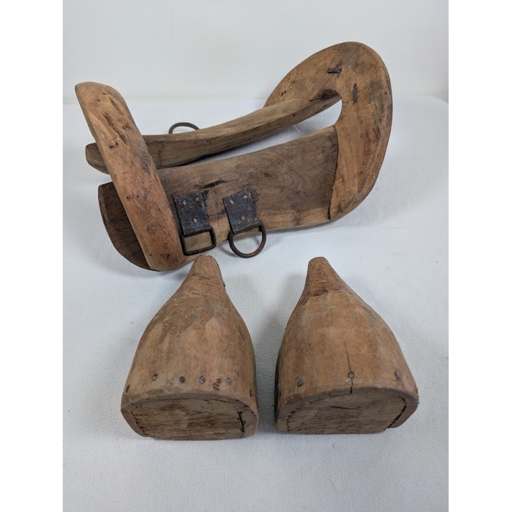 Antique Hand Carved Wood Horse Pack Saddle Tree Frame Stirrup Set Rustic Iron